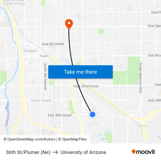 36th St/Plumer (Ne) to University of Arizona map
