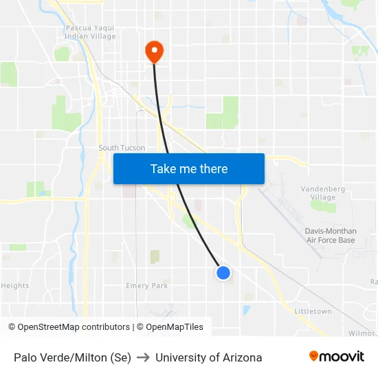 Palo Verde/Milton (Se) to University of Arizona map
