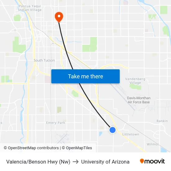 Valencia/Benson Hwy (Nw) to University of Arizona map