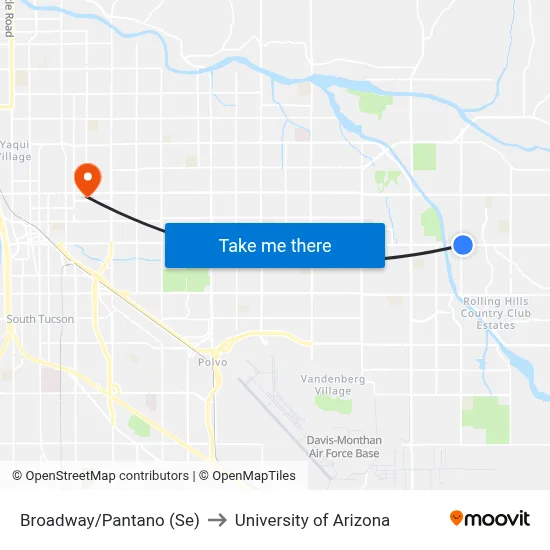 Broadway/Pantano (Se) to University of Arizona map