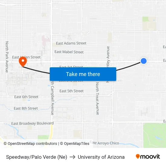 Speedway/Palo Verde (Ne) to University of Arizona map