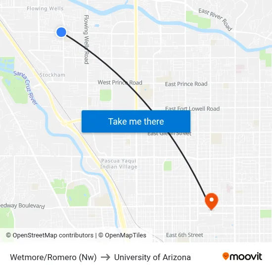 Wetmore/Romero (Nw) to University of Arizona map
