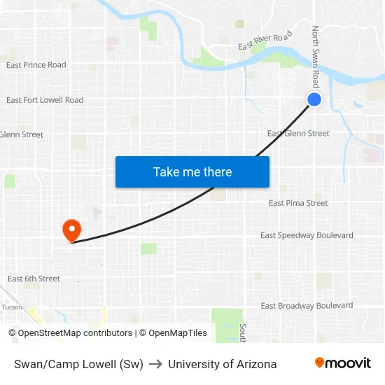 Swan/Camp Lowell (Sw) to University of Arizona map