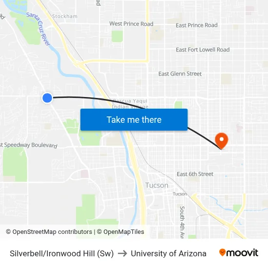 Silverbell/Ironwood Hill (Sw) to University of Arizona map