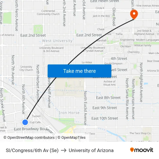 Sl/Congress/6th Av (Se) to University of Arizona map