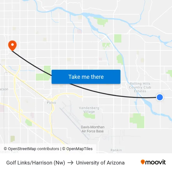 Golf Links/Harrison (Nw) to University of Arizona map