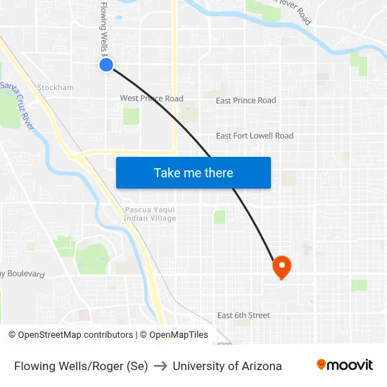 Flowing Wells/Roger (Se) to University of Arizona map