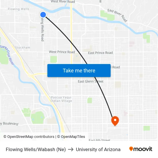 Flowing Wells/Wabash (Ne) to University of Arizona map