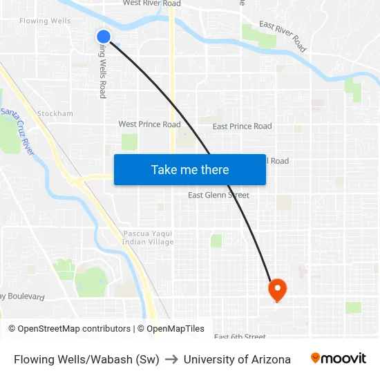 Flowing Wells/Wabash (Sw) to University of Arizona map