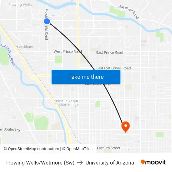 Flowing Wells/Wetmore (Sw) to University of Arizona map