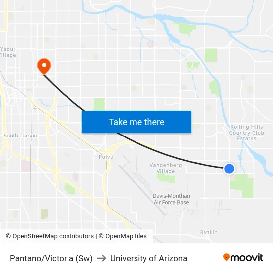 Pantano/Victoria (Sw) to University of Arizona map