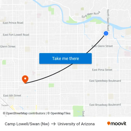 Camp Lowell/Swan (Nw) to University of Arizona map