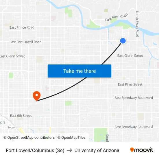 Fort Lowell/Columbus (Se) to University of Arizona map
