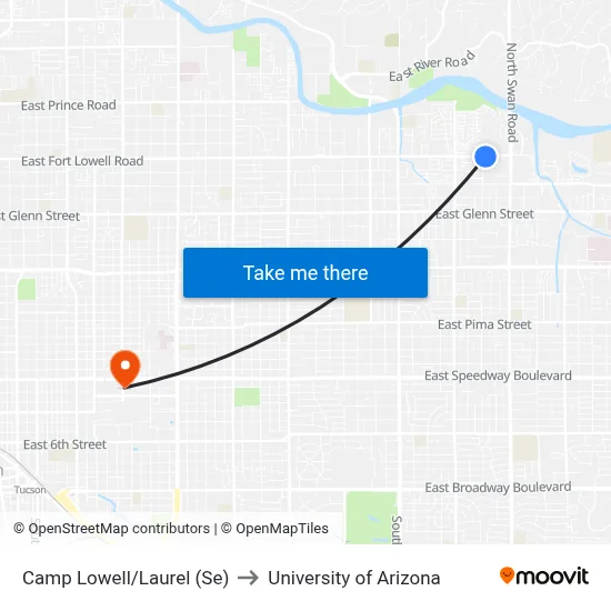 Camp Lowell/Laurel (Se) to University of Arizona map