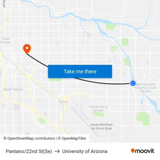 Pantano/22nd St(Se) to University of Arizona map