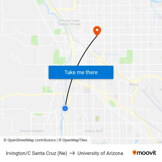 Irvington/C Santa Cruz (Ne) to University of Arizona map