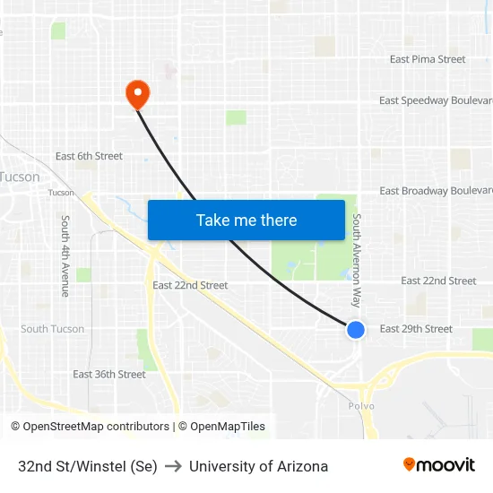 32nd St/Winstel (Se) to University of Arizona map