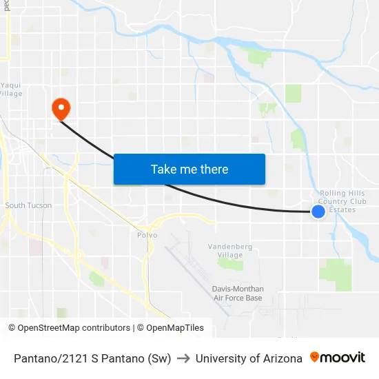 Pantano/2121 S Pantano (Sw) to University of Arizona map