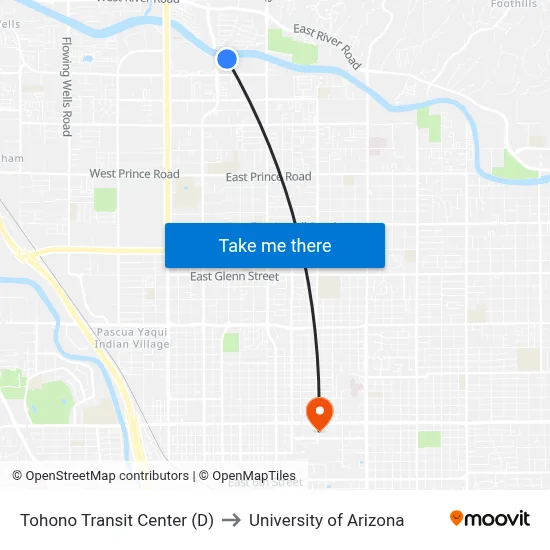 Tohono Transit Center (D) to University of Arizona map