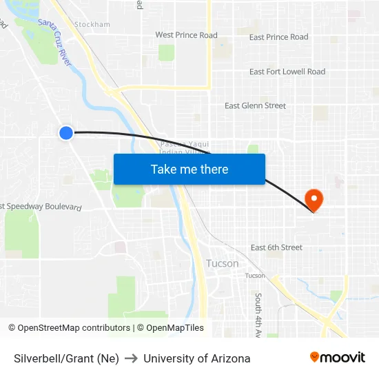 Silverbell/Grant (Ne) to University of Arizona map