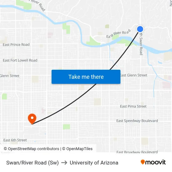 Swan/River Road (Sw) to University of Arizona map