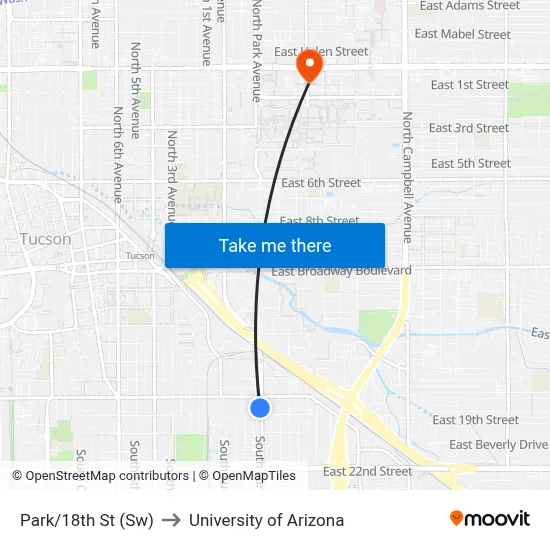 Park/18th St (Sw) to University of Arizona map