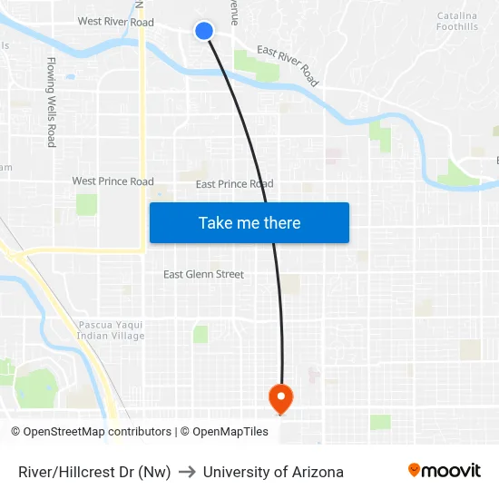 River/Hillcrest Dr (Nw) to University of Arizona map