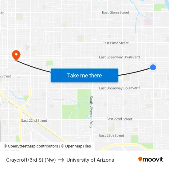 Craycroft/3rd St (Nw) to University of Arizona map