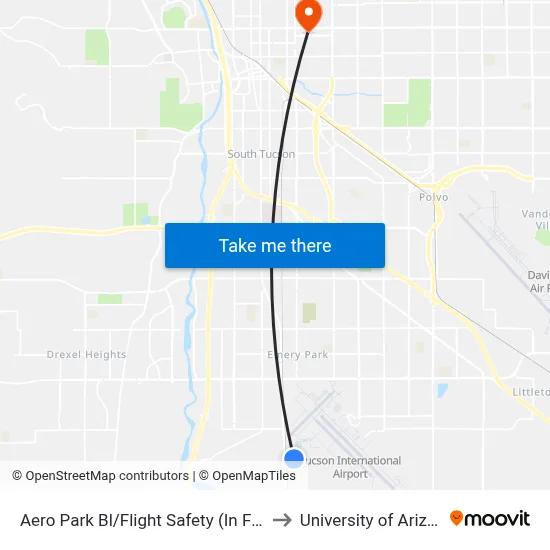 Aero Park Bl/Flight Safety (In Front) to University of Arizona map