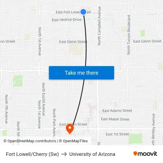 Fort Lowell/Cherry (Sw) to University of Arizona map