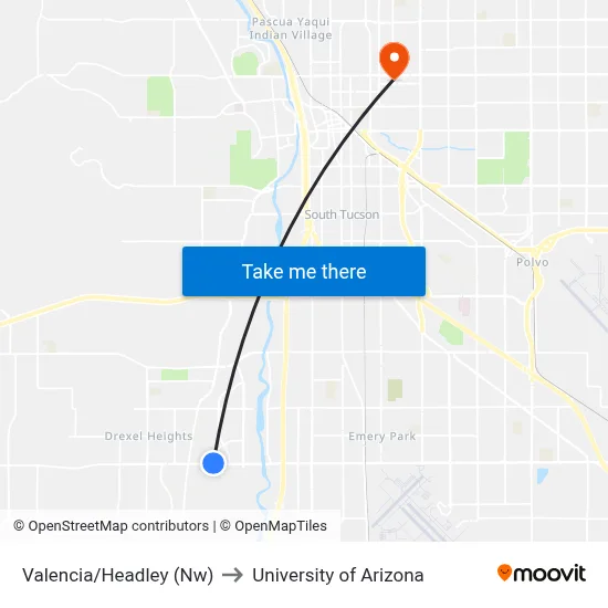 Valencia/Headley (Nw) to University of Arizona map