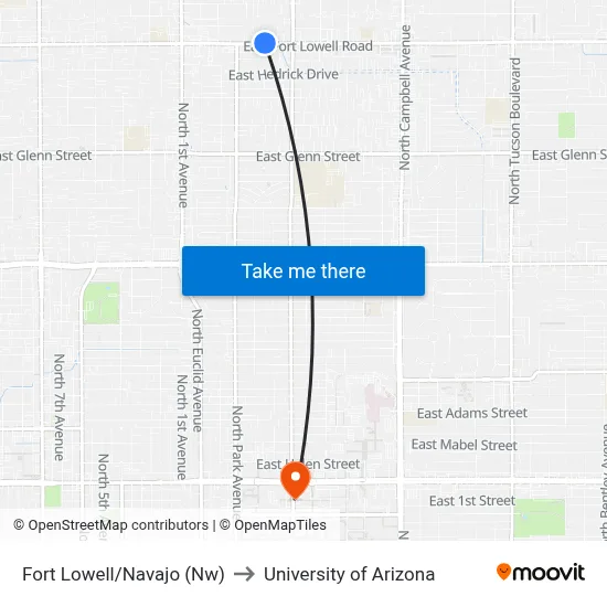 Fort Lowell/Navajo (Nw) to University of Arizona map