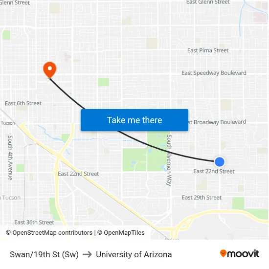 Swan/19th St (Sw) to University of Arizona map