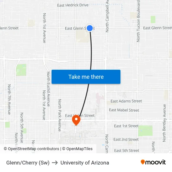 Glenn/Cherry (Sw) to University of Arizona map