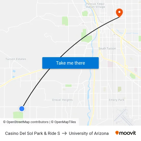 Casino Del Sol Park & Ride S to University of Arizona map