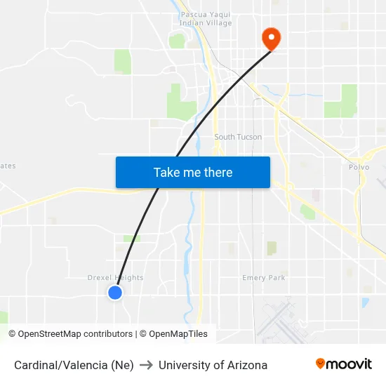 Cardinal/Valencia (Ne) to University of Arizona map