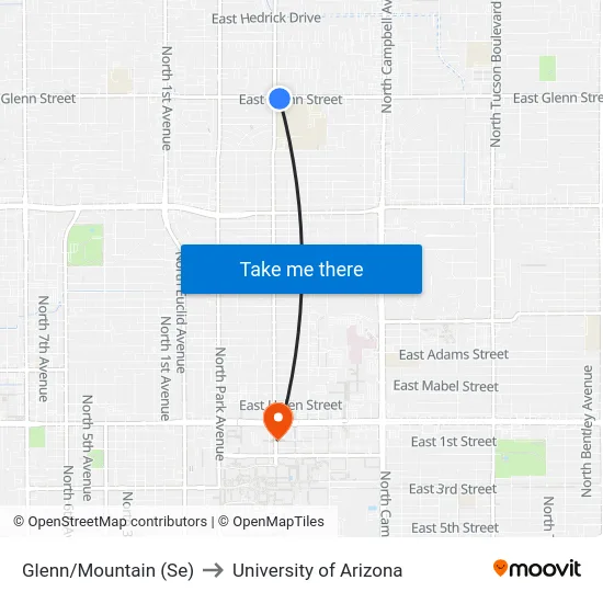 Glenn/Mountain (Se) to University of Arizona map