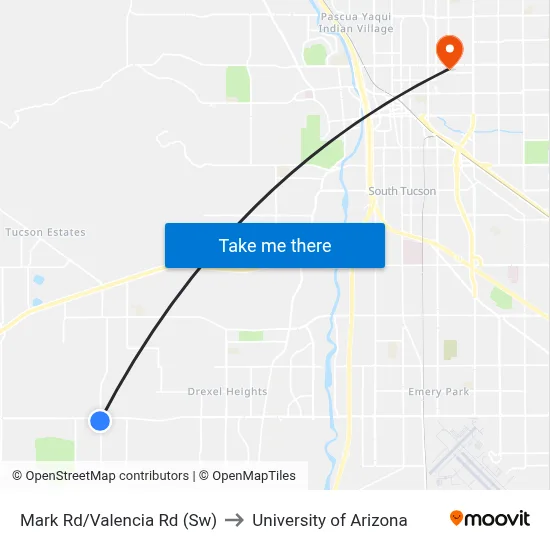 Mark Rd/Valencia Rd (Sw) to University of Arizona map