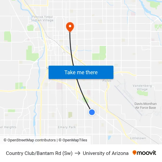 Country Club/Bantam Rd (Sw) to University of Arizona map