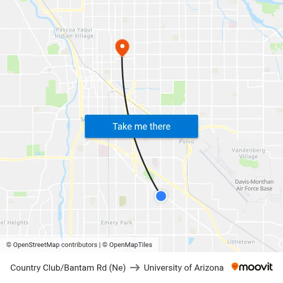 Country Club/Bantam Rd (Ne) to University of Arizona map