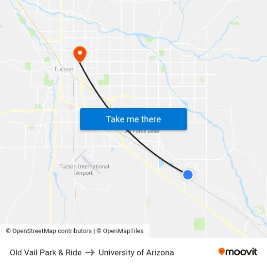 Old Vail Park & Ride to University of Arizona map