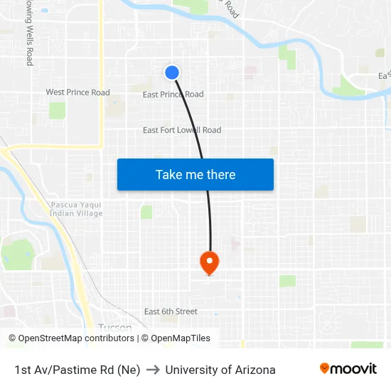 1st Av/Pastime Rd (Ne) to University of Arizona map