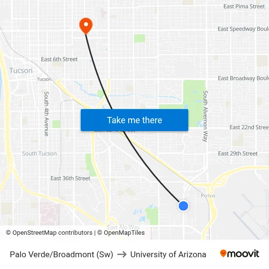 Palo Verde/Broadmont (Sw) to University of Arizona map