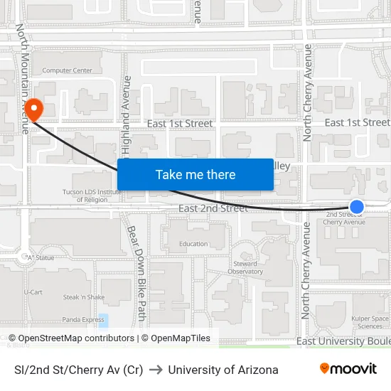 Sl/2nd St/Cherry Av (Cr) to University of Arizona map