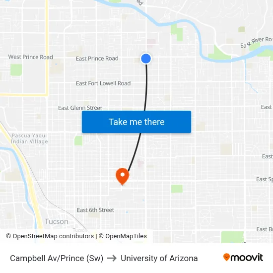 Campbell Av/Prince (Sw) to University of Arizona map