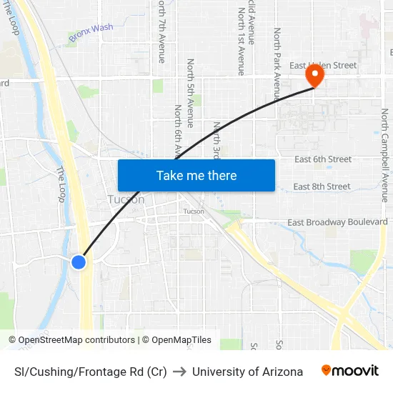 Sl/Cushing/Frontage Rd (Cr) to University of Arizona map