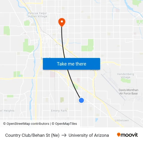 Country Club/Behan St (Ne) to University of Arizona map
