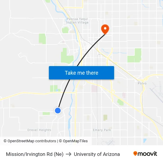 Mission/Irvington Rd (Ne) to University of Arizona map