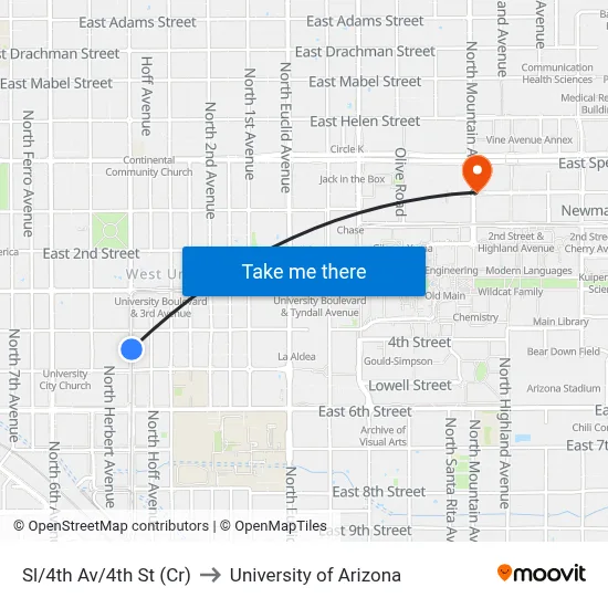Sl/4th Av/4th St (Cr) to University of Arizona map