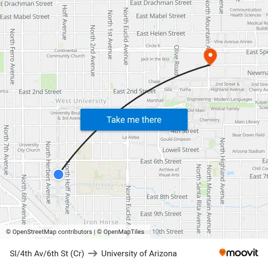 Sl/4th Av/6th St (Cr) to University of Arizona map